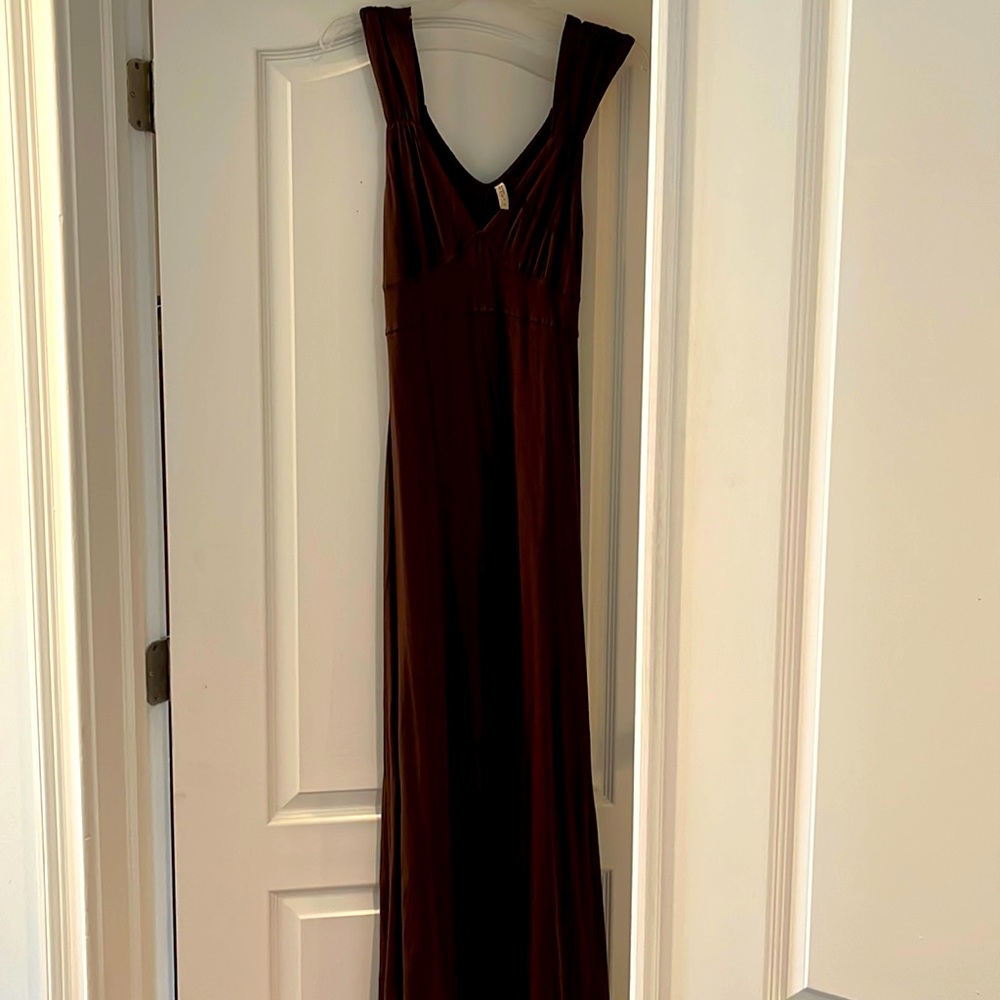 Brown cotton maxi tank dress with tie.